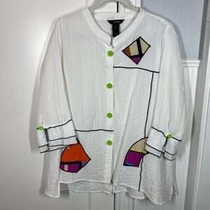 Ali Miles 3/4 sleeve printed or abstract artsy lightweight button-up tunic top